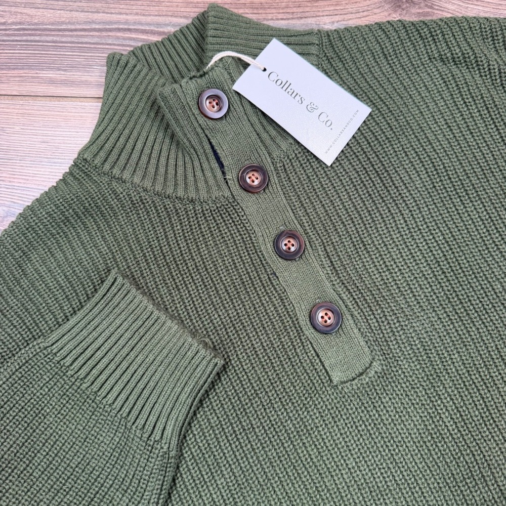 Collars & Co Mens Size XXL Sweater Olive Green Mock Neck Button Pure Cotton NWT